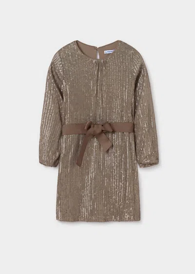 Mayoral Kids' Girls Sequin Dress With Belt In Beige In Brown