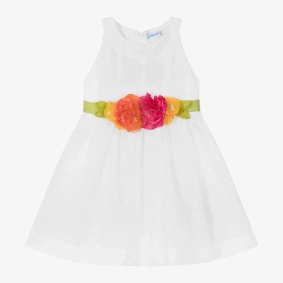 Mayoral Kids' Girls White Cotton Flower Belt Dress