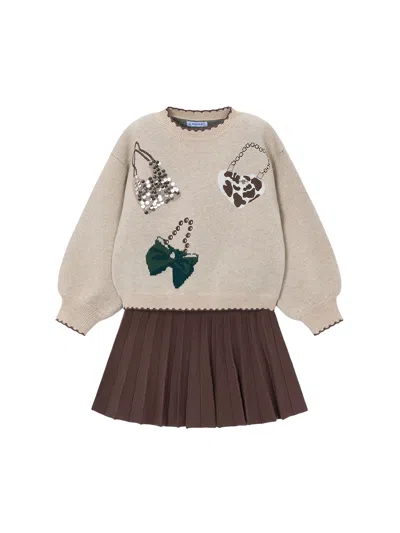 Mayoral Kids' Tricot Skirt Set In Coffee