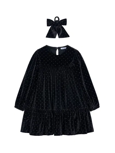 Mayoral Kids' Velvet Dress With Hair Tie In Black
