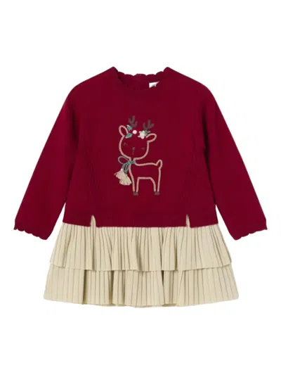 Mayoral Babies' Reindeer Embroidered Knit Dress In Red