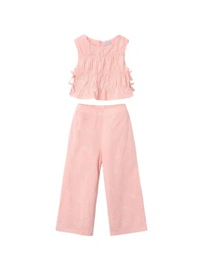 Mayoral Round-neck Sleveless Trousers Set In Pink