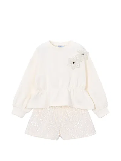 Mayoral Kids' Sequin-embellished Floral-appliqué Shorts Set In White