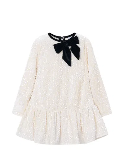 Mayoral Kids' Sequin-embellished Velvet-bow Dress In Neutrals
