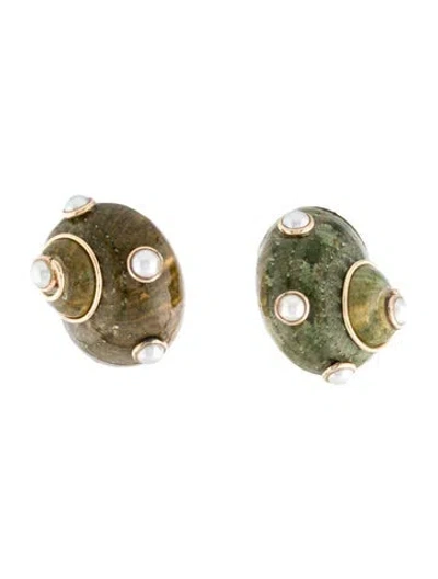 Pre-owned Maz 14k Pearl & Shell Clip-on Earrings In Green