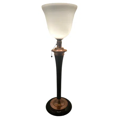 Pre-owned Mazda Art Deco Table Lamp By , Black Lacquer Wood, Copper, France, 1926