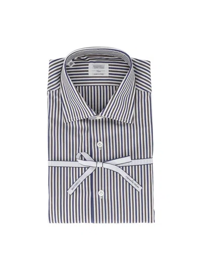 Mazzarelli Blue White And Brown Striped Cotton Shirt Slim Fit