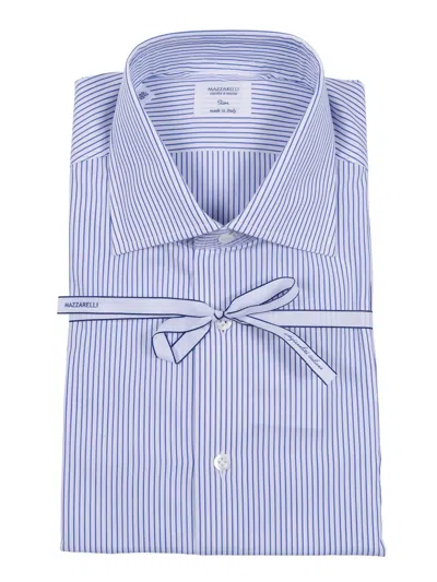 Mazzarelli Camicia In Cotone A Righe Blu E Bianca Slim Fit In Blue