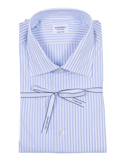 Mazzarelli Camicia In Cotone A Righe Celeste E Bianco Slim Fit In Blue
