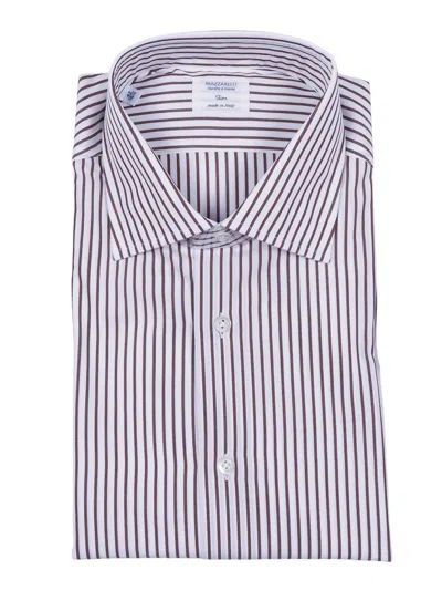 Mazzarelli Camicia In Cotone A Righe Marrone E Bianca Slim Fit In Blue