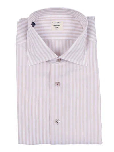 Mazzarelli Camicia In Misto Lino/cotone A Righe Bianca E Beige Slim Fi In Multi