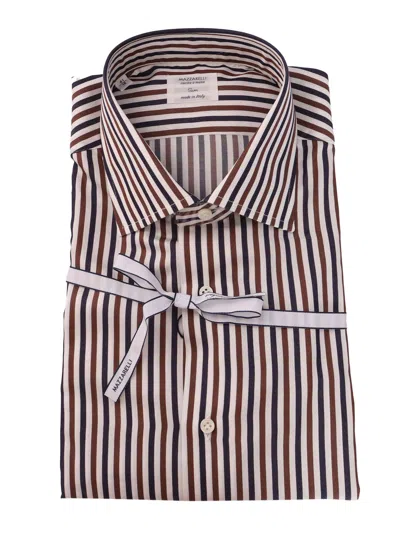 Mazzarelli Camicie Camicia In Cotone A Righe Marrone，blu E Bianca 修身版型 In Red
