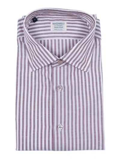 Mazzarelli Camicie Camicia In Misto Lino/cotone A Righe Bianca E Marrone 修身版型 In White