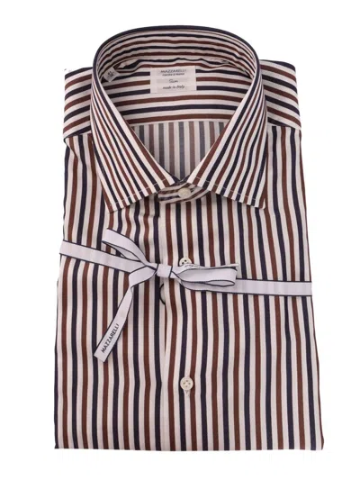 Mazzarelli Camicie Tailored Slim Fit Striped Shirt In Brown, Blue, And White In Multi