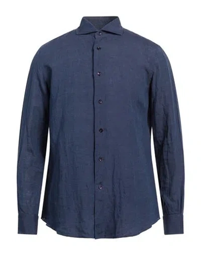 Mazzarelli Man Shirt Navy Size 16 Linen In Navy