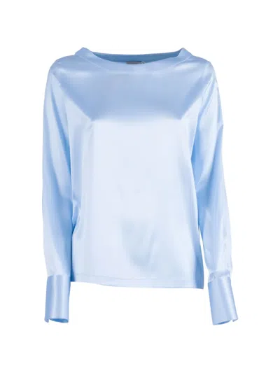 Mazzarelli Satin-finish Long-sleeved Blouse In Blue