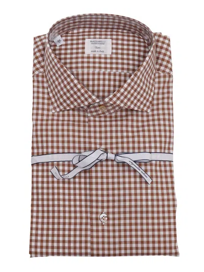 MAZZARELLI SLIM FIT CHECKED SHIRT IN WHITE AND BROWN 100% COTTON