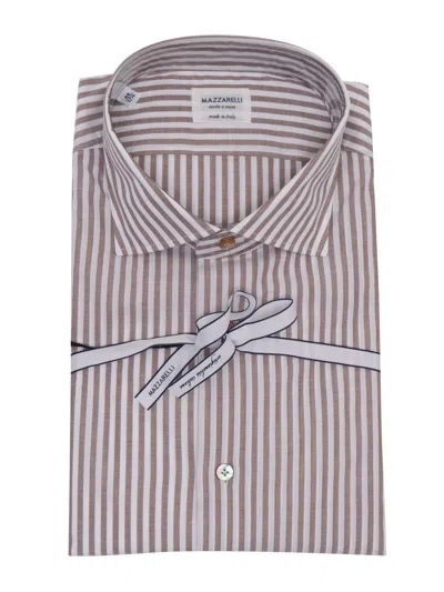 Mazzarelli Slim Fit Striped Cotton Shirt In Brown And White