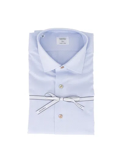 Mazzarelli White And Light Blue Woven Cotton Shirt Slim Fit