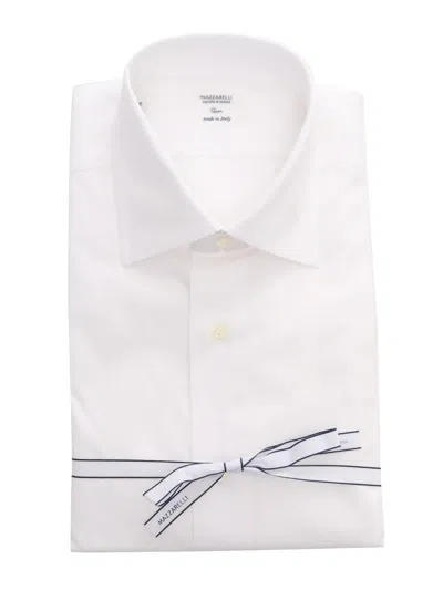 Mazzarelli Camicia In Cotone Slim Fit Da Uomo Con Colletto Classico E Abbottonatura Frontale. In White