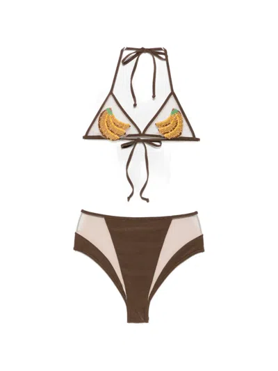 Mazzei Bead-embellished Halterneck Bikini In Brown