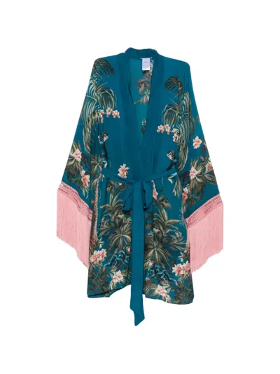 Mazzei Fringe-trimmed Floral-print Oversized Coat In Blue