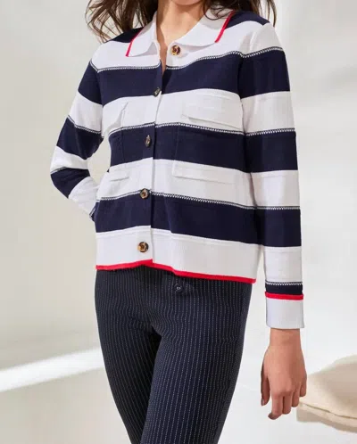 Mb By Tribal Contrast Hem Double Pocket Cardigan In Striped In Multi
