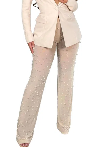 Mb Fashion Wholesale Sophie Wide-leg Pearl Beaded Sheer Pants In Beige In Neutral