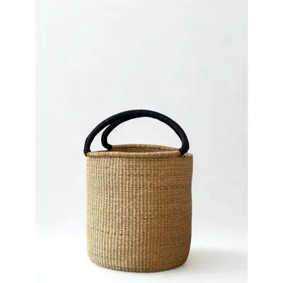 Mbare Handwoven Double Weave Hamper Basket With Black Leather Handles In Brown