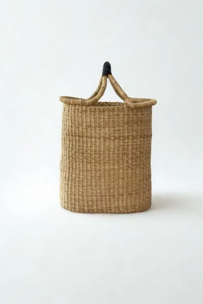 Mbare Handwoven Double Weave Pot Basket With Black Leather Handle In Brown