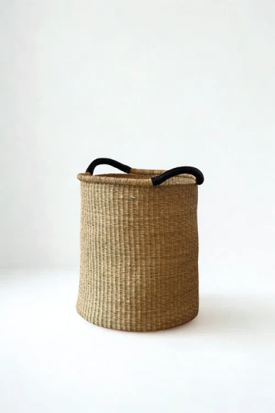Mbare Handwoven Double Weave Pot Basket With Black Leather Handles In Brown