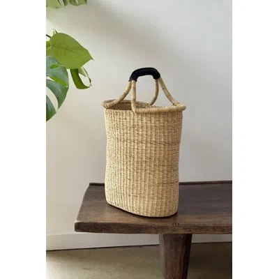 Mbare Handwoven Double Weave Pot Basket With Leather Handle In Black