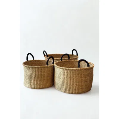 Mbare Handwoven Hamper With Leather Handles In Brown