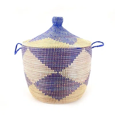 Mbare Senegalese Handwoven Seagrass Laundry Hamper With Handles In Blue