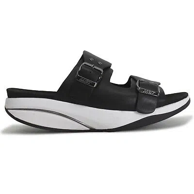 Pre-owned Mbt Womens Sandals Liki Casual Buckle Open-back Slip-on Slides Leather In Black