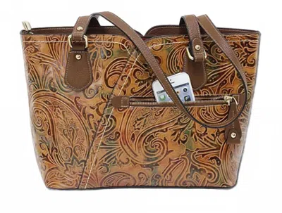 Mc Handbags Zelle Paisley Embossed Leather Tote Bag In Cognac In Green