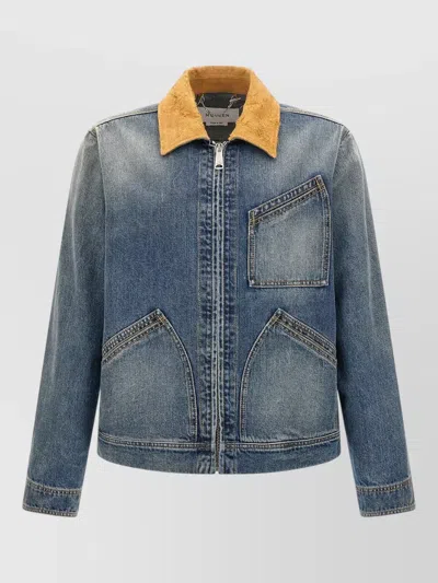 Mc Queen Denim Jacket Contrast Collar Chest Pockets Cuffs In Blue