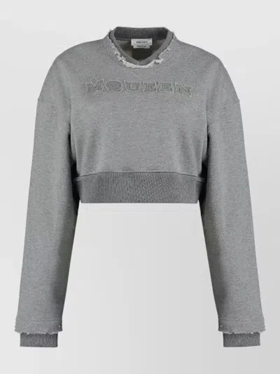 Mc Queen Logo Cropped Sweatshirt Distressed Ribbed Cuffs Hem In Transparent
