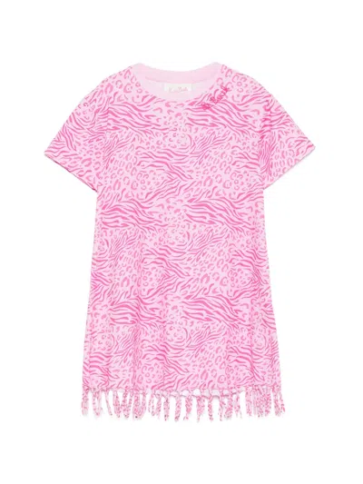 Mc2 Saint Barth Kids' Abbey Animal-print Fringe-trimmed Dress In Pink