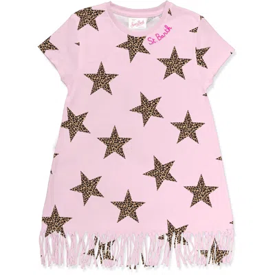 Mc2 Saint Barth Abbey Dress With Fringes Pastel Star Leopard In Pink