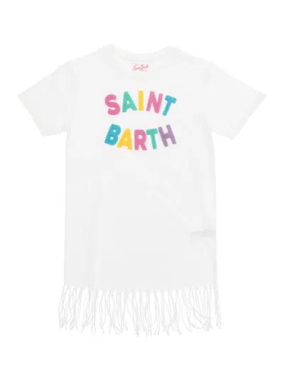 Mc2 Saint Barth Kids' Abbey White Dress With Fringes And Logo In Cotton Girl