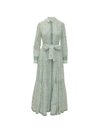 Mc2 Saint Barth Abito Lungo Chemisier In Cotone Verde Con Cintura In Vita  In Green