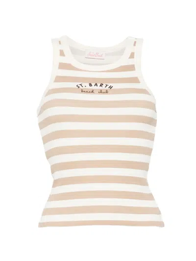 Mc2 Saint Barth Beige Stripes Round Neck Top In Multi