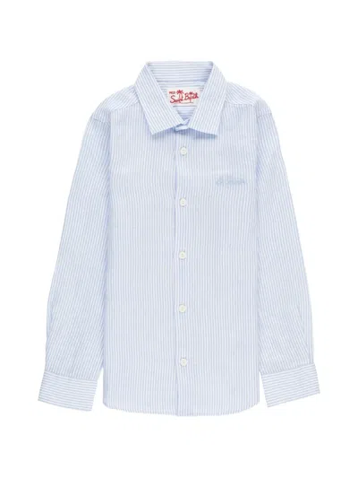 Mc2 Saint Barth Kids' Agnes Logo-detail Striped Linen Shirt In Blue