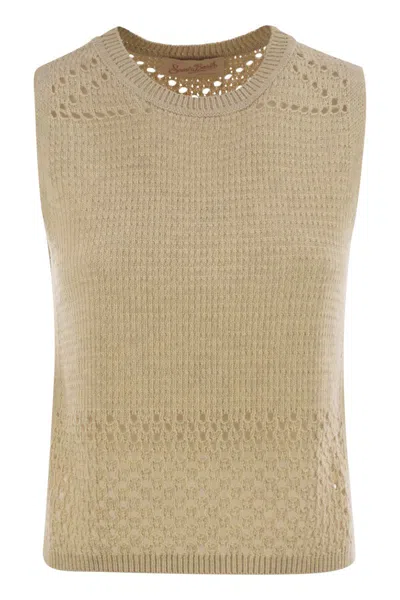Mc2 Saint Barth Aire - Crochet Knit And Mesh Top In Beige