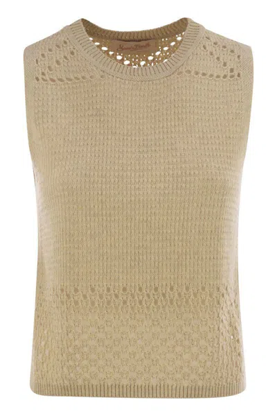 Mc2 Saint Barth Aire - Crochet Knit And Mesh Top In Beige
