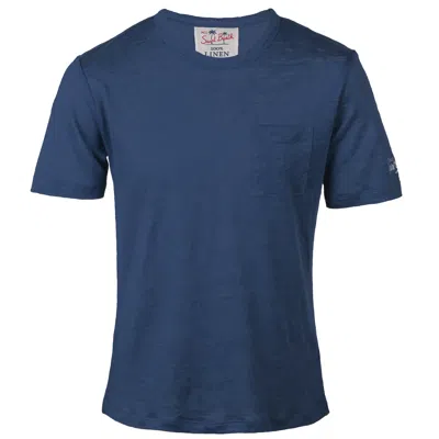Mc2 Saint Barth Alex Linen T-shirt With Pocket Marine Blue