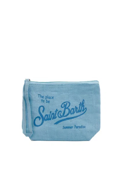 Mc2 Saint Barth Aline Clutch Bag In Blue Linen In Brown