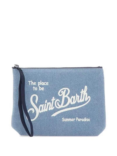 Mc2 Saint Barth Aline Denim Embroidered Clutch Bag In Blue