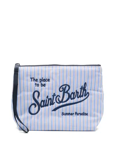 Mc2 Saint Barth Aline Embroidered-logo Striped Clutch Bag In Blue
